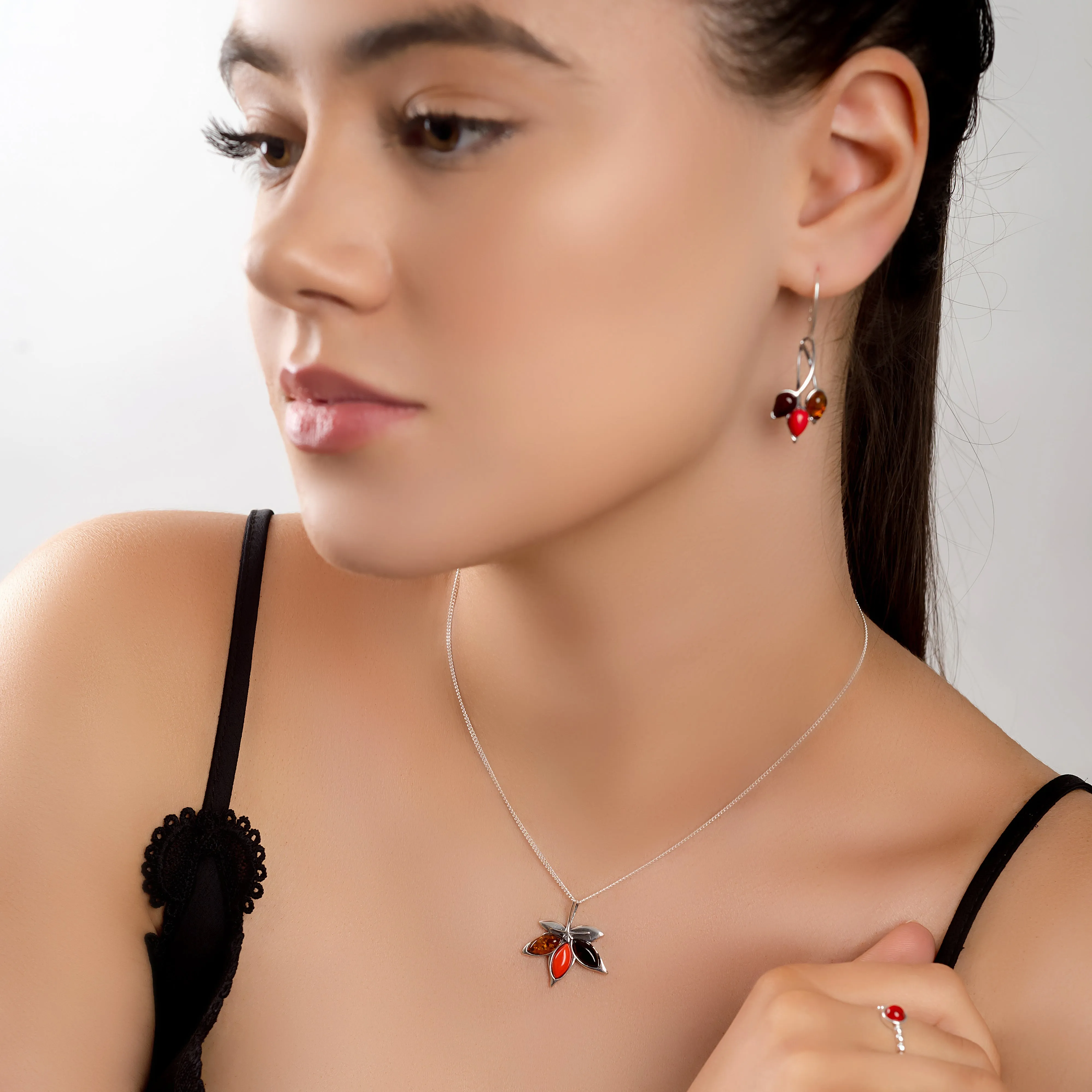 Autumn Maple Leaf Necklace in Silver, Coral and Amber sold by Henryka product image thumbnail 3
