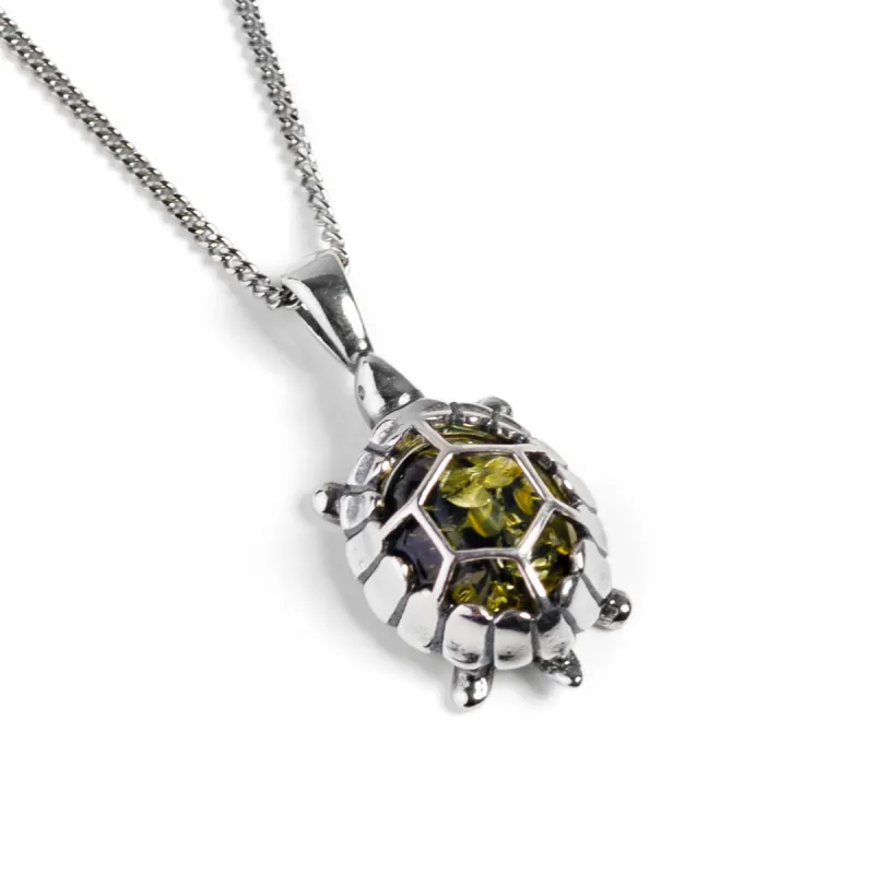 Turtle / Tortoise Necklace in Silver and Green Amber sold by Henryka