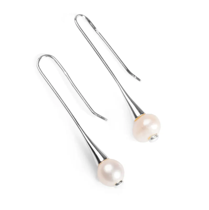 Elegant Open Hook Earrings in Silver and Pearl made by Henryka