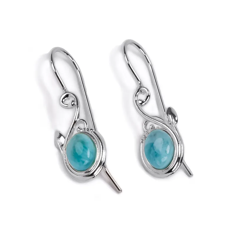 Leaf Motif Hook Earrings in Silver and Larimar sold by Henryka