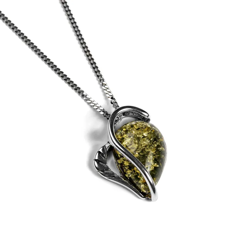 Green Amber &  Silver Necklace sold by Henryka