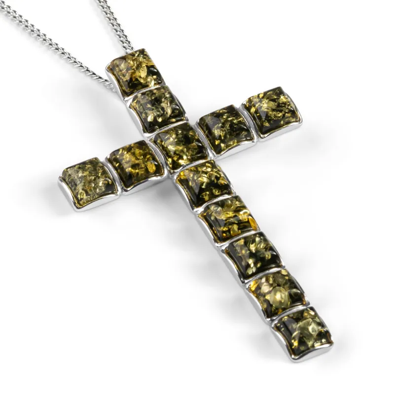 Statement Cross Necklace in Silver and Green Amber sold by Henryka