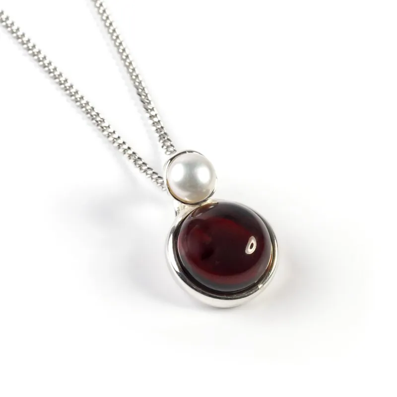 Round Pearl Necklace in Silver and Cherry Amber sold by Henryka