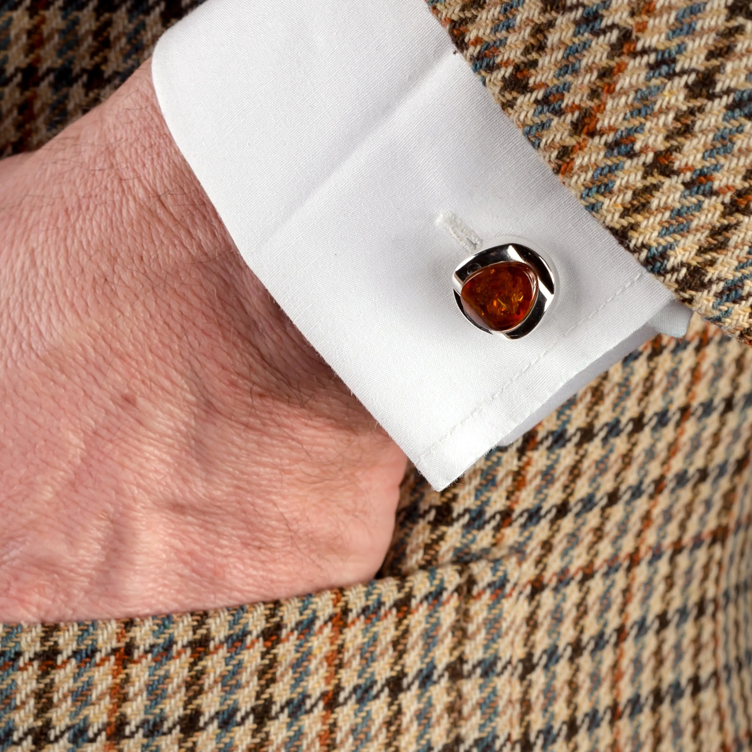 Chunky Oval Centre Cufflinks in Silver and Cognac Amber sold by Henryka product image thumbnail 3