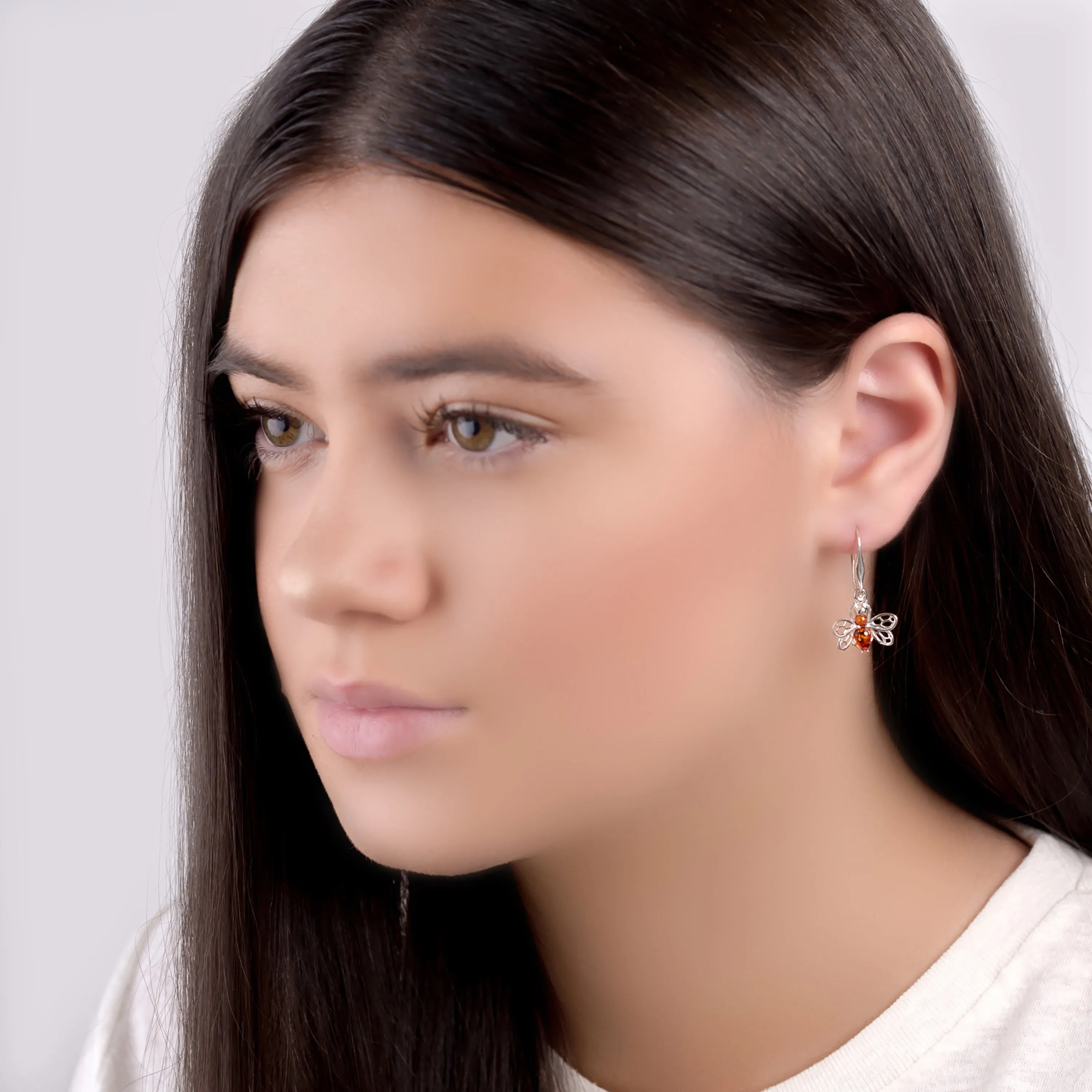 Tiny Honey Bee Drop Earrings in Silver and Amber sold by Henryka product image thumbnail 3