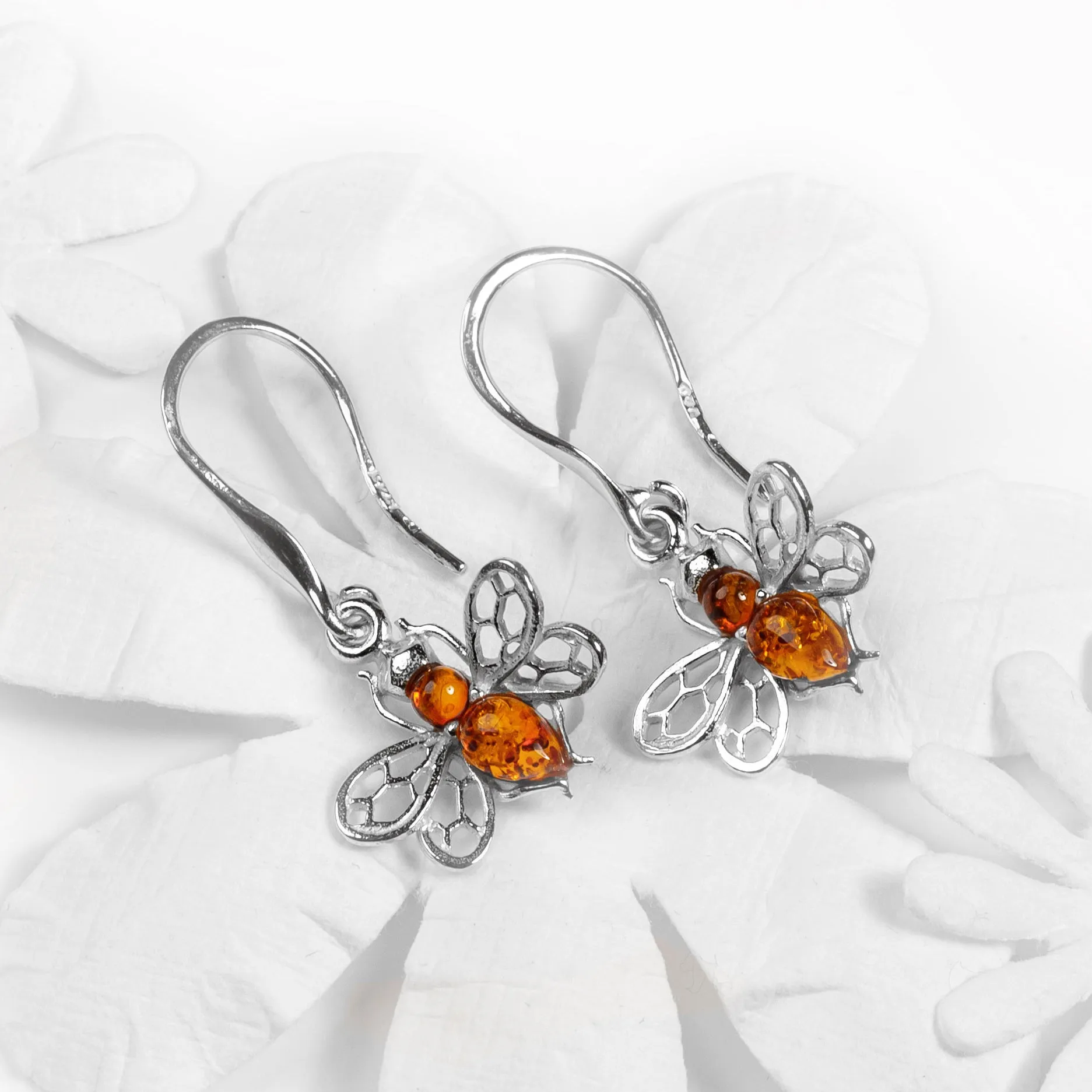 Tiny Honey Bee Drop Earrings in Silver and Amber sold by Henryka product image thumbnail 4