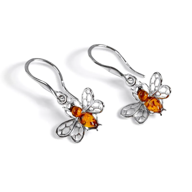 Tiny Honey Bee Drop Earrings in Silver and Amber sold by Henryka
