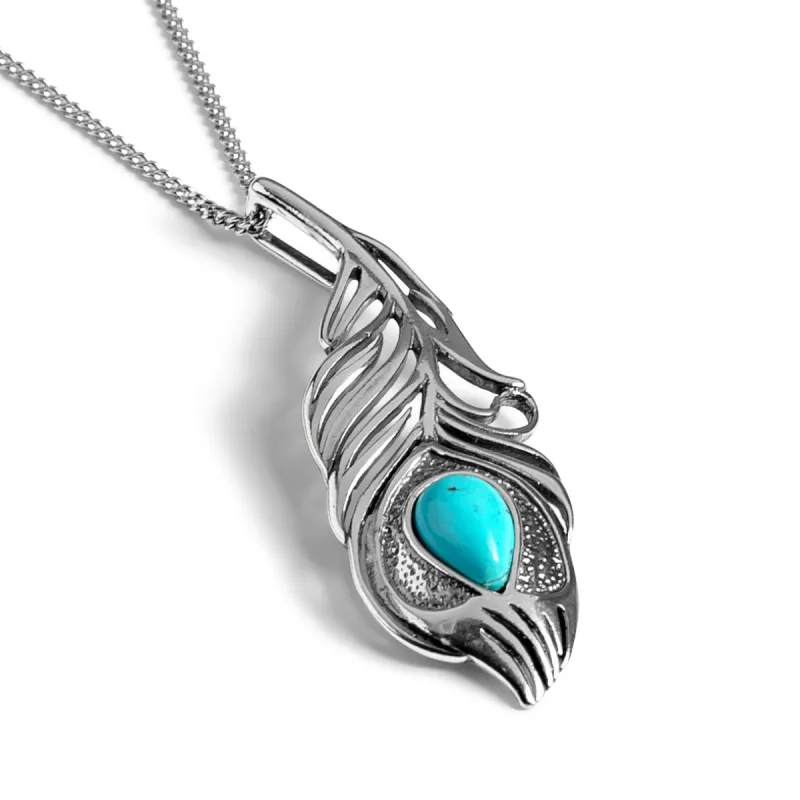 Peacock Feather Necklace in Silver and Turquoise sold by Henryka