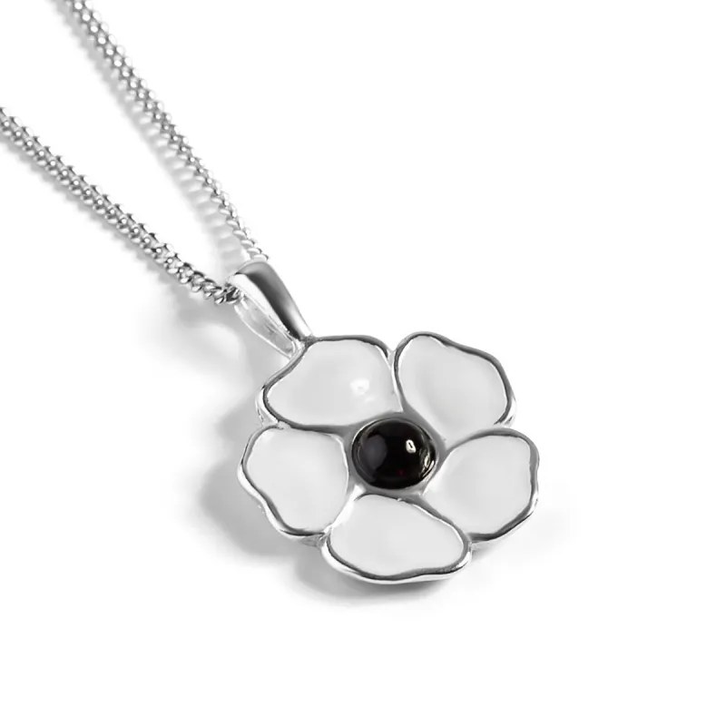 White Peace Poppy Flower Necklace in Silver and Amber sold by Henryka