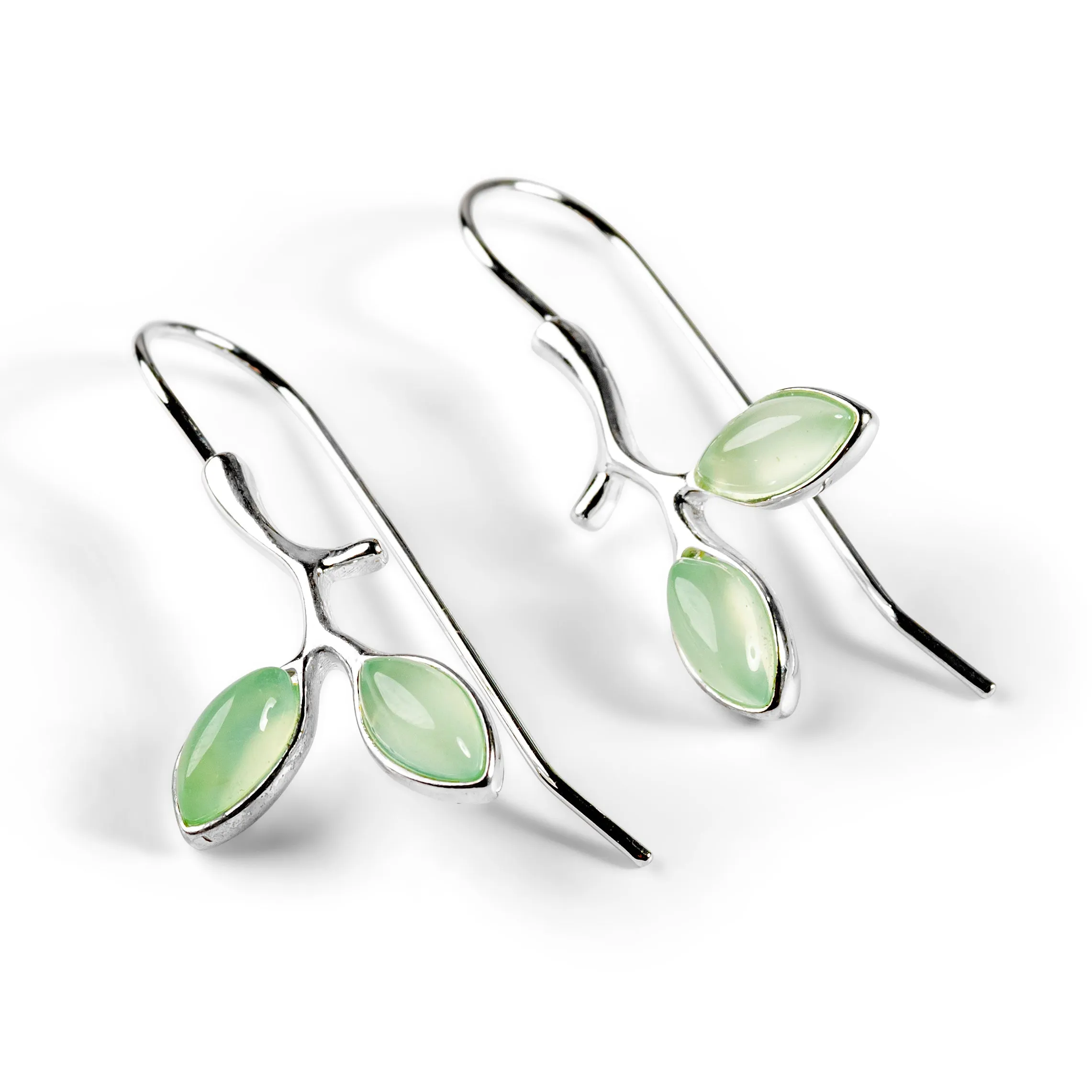 Simple Olive Leaf Branch Hook Earrings in Silver and Prehnite sold by Henryka