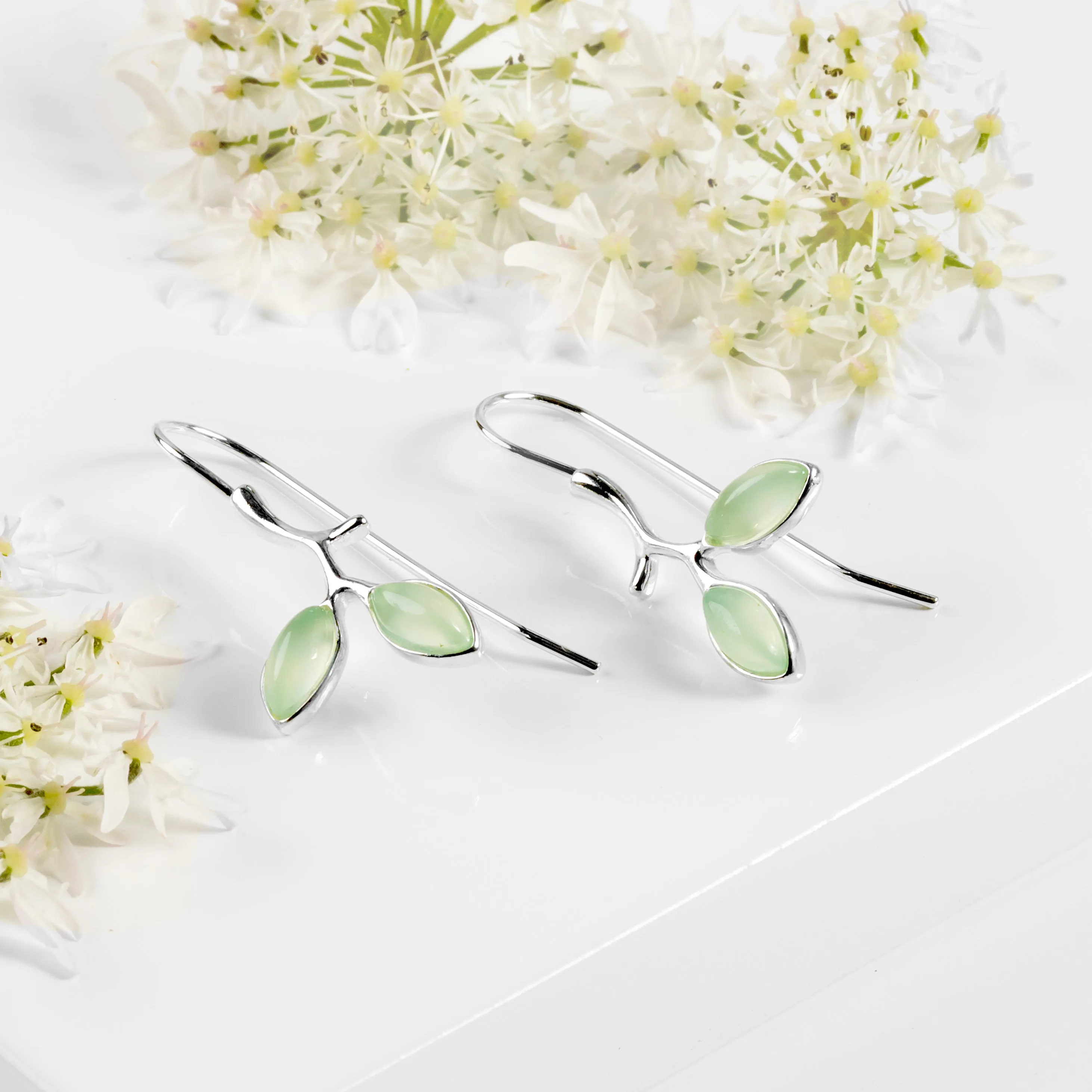 Simple Olive Leaf Branch Hook Earrings in Silver and Prehnite sold by Henryka product image thumbnail 5