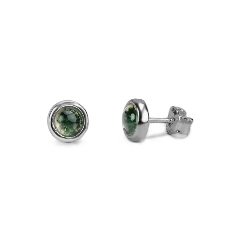 Small Round Stud Earrings in Silver and Moss Agate sold by Henryka