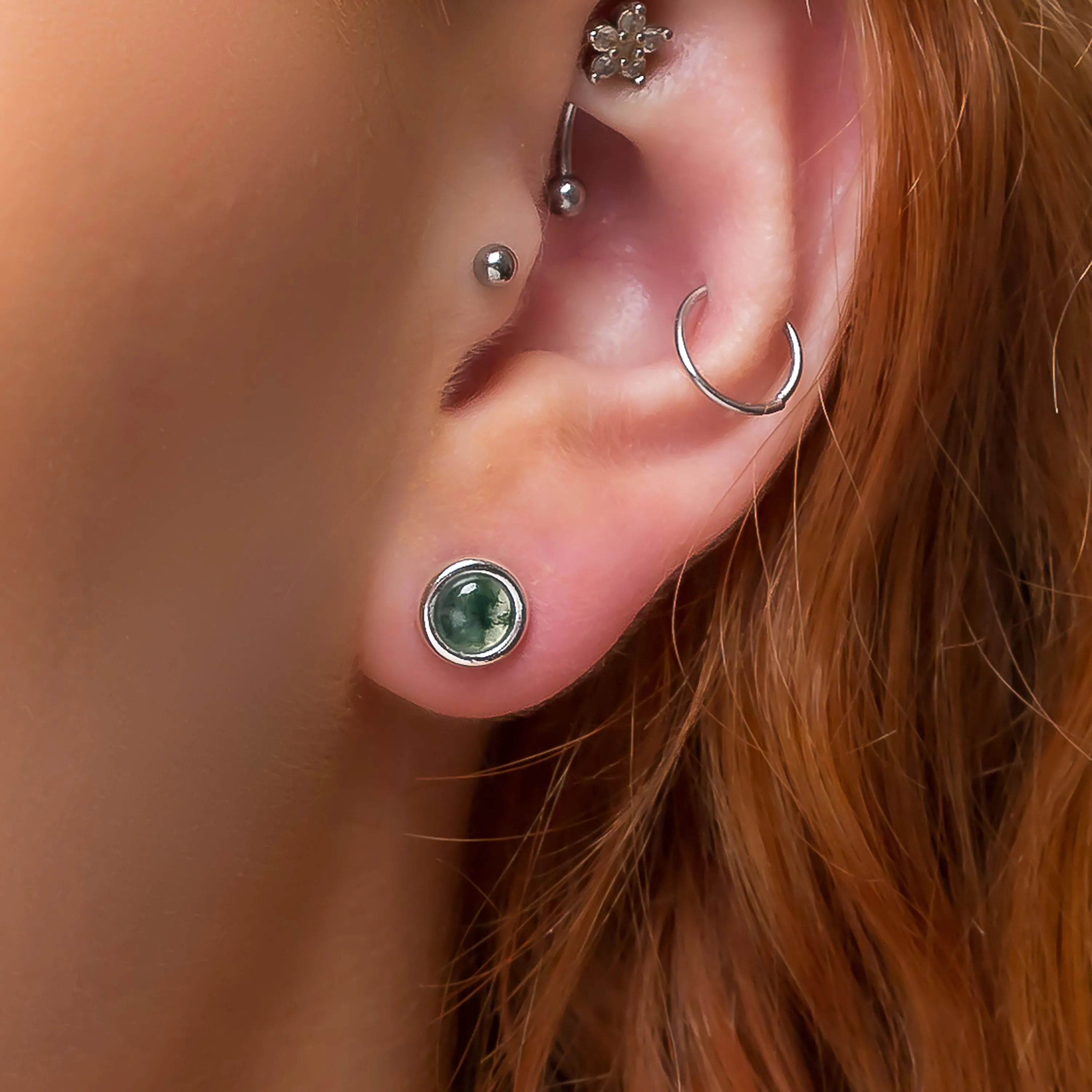 Small Round Stud Earrings in Silver and Moss Agate sold by Henryka product image thumbnail 2