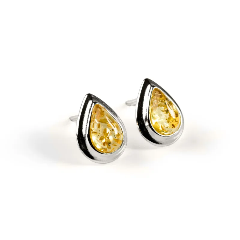 Classic Teardrop Stud Earrings in Silver and Yellow Amber sold by Henryka