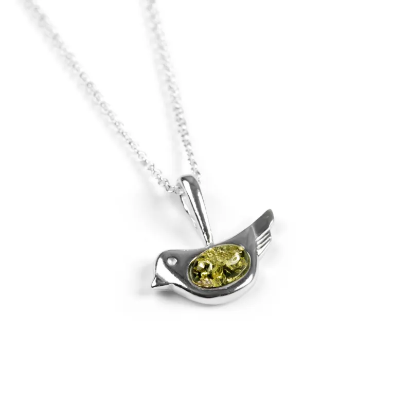Cute Bird Necklace in Silver and Green Amber sold by Henryka