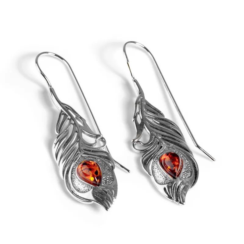 Peacock Feather Hook Earrings in Silver and Amber sold by Henryka