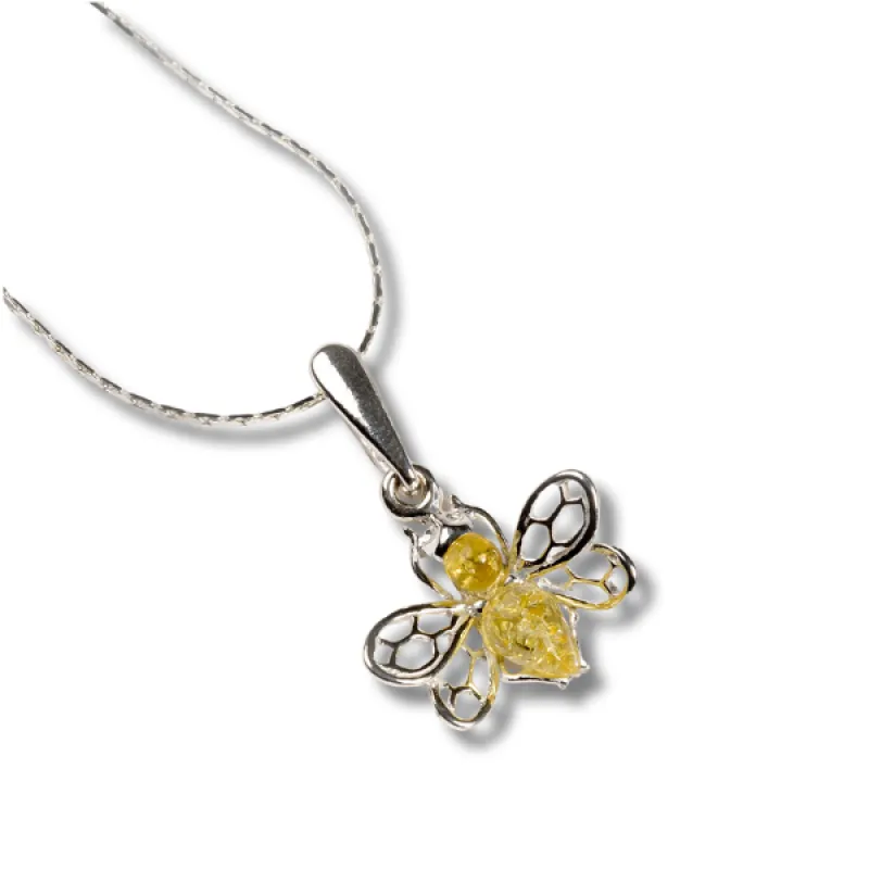 Honey Bee Necklace in Silver and Yellow Amber sold by Henryka