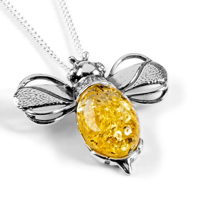 Large Bumble Bee  Necklace in Silver and Yellow Amber sold by Henryka