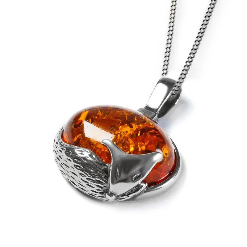 Sleeping Fox Necklace in Silver and Cognac Amber sold by Henryka
