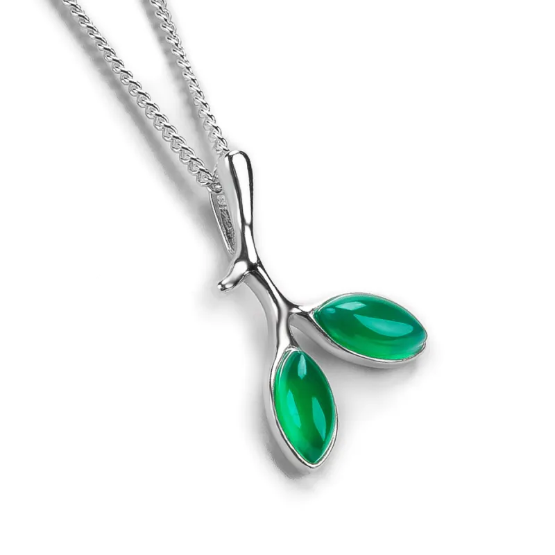 Simple Olive Leaf Branch Necklace in Silver and Green Onyx sold by Henryka
