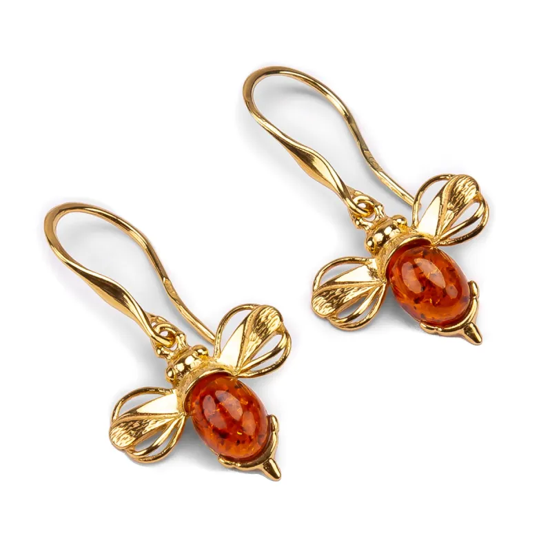 Bumblebee Drop Earrings in Silver with 24ct Gold & Cognac Amber sold by Henryka