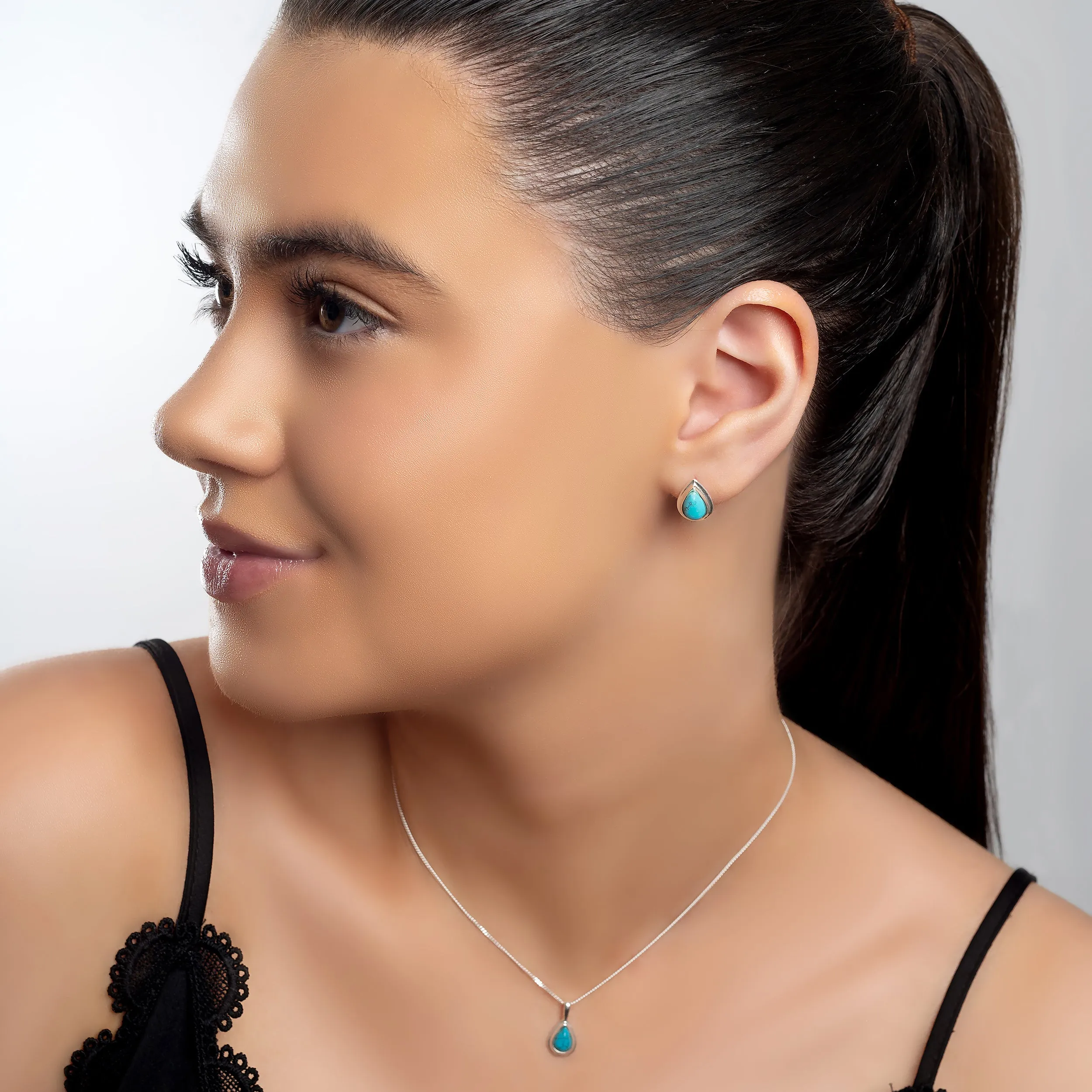 Classic Teardrop Stud Earrings in Silver and Turquoise sold by Henryka product image thumbnail 3