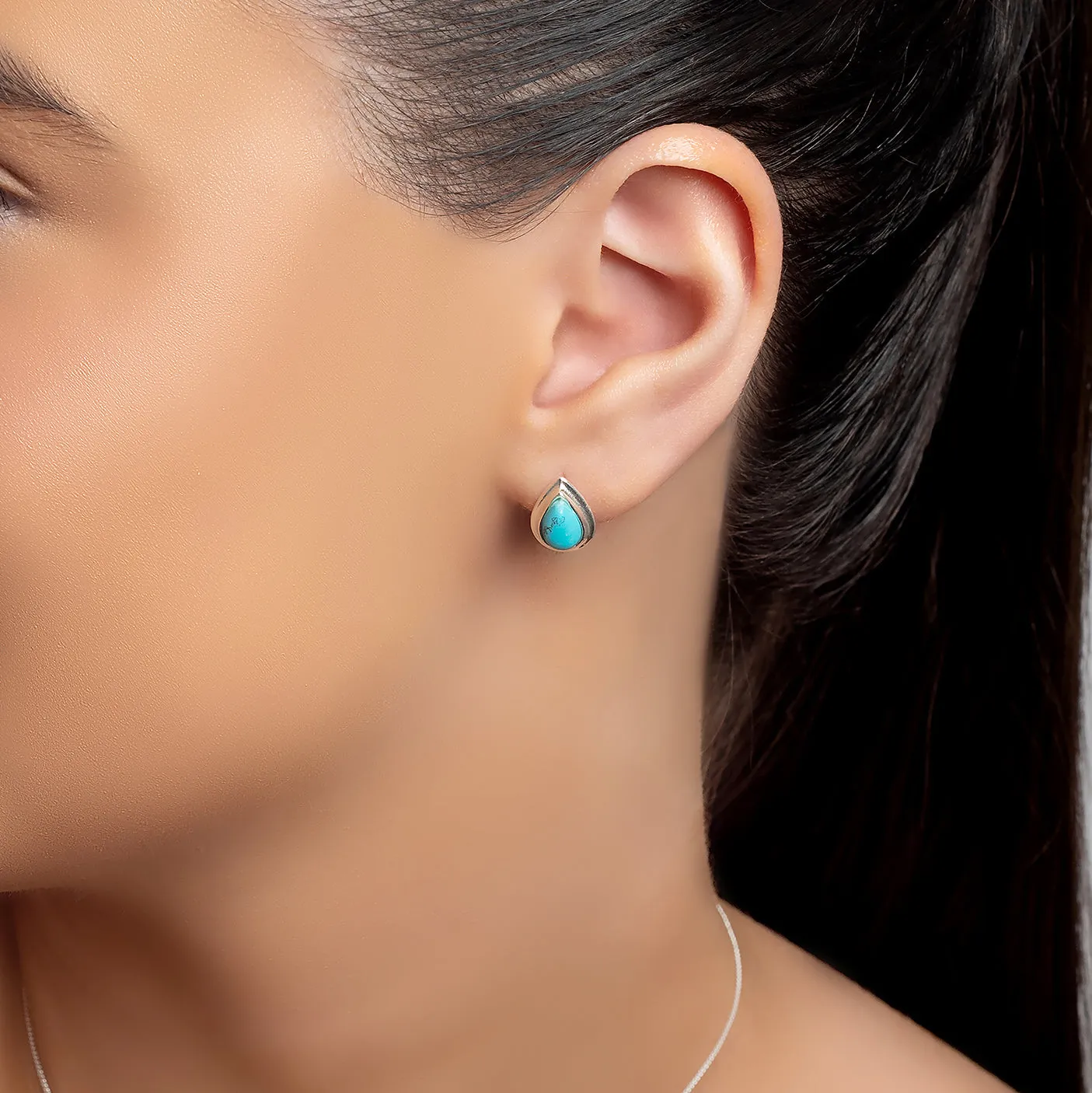 Classic Teardrop Stud Earrings in Silver and Turquoise sold by Henryka product image thumbnail 2