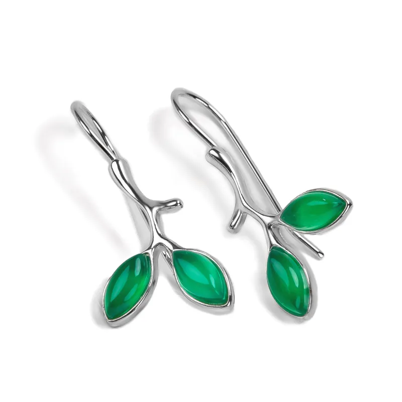 Simple Olive Leaf Branch Hook Earrings in Silver and Green Onyx sold by Henryka