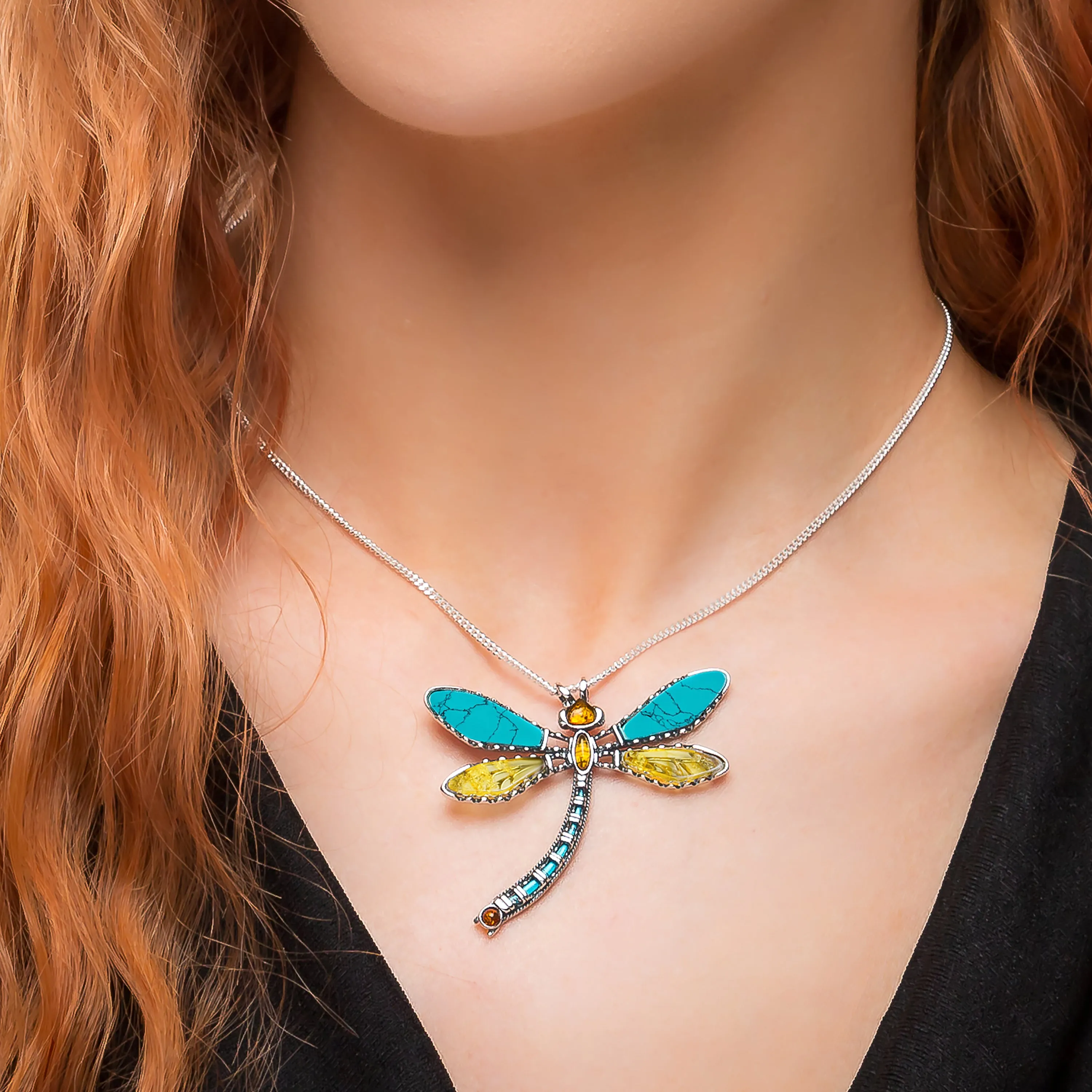 Exotic Dragonfly Necklace in Silver, Turquoise and Amber sold by Henryka product image thumbnail 2