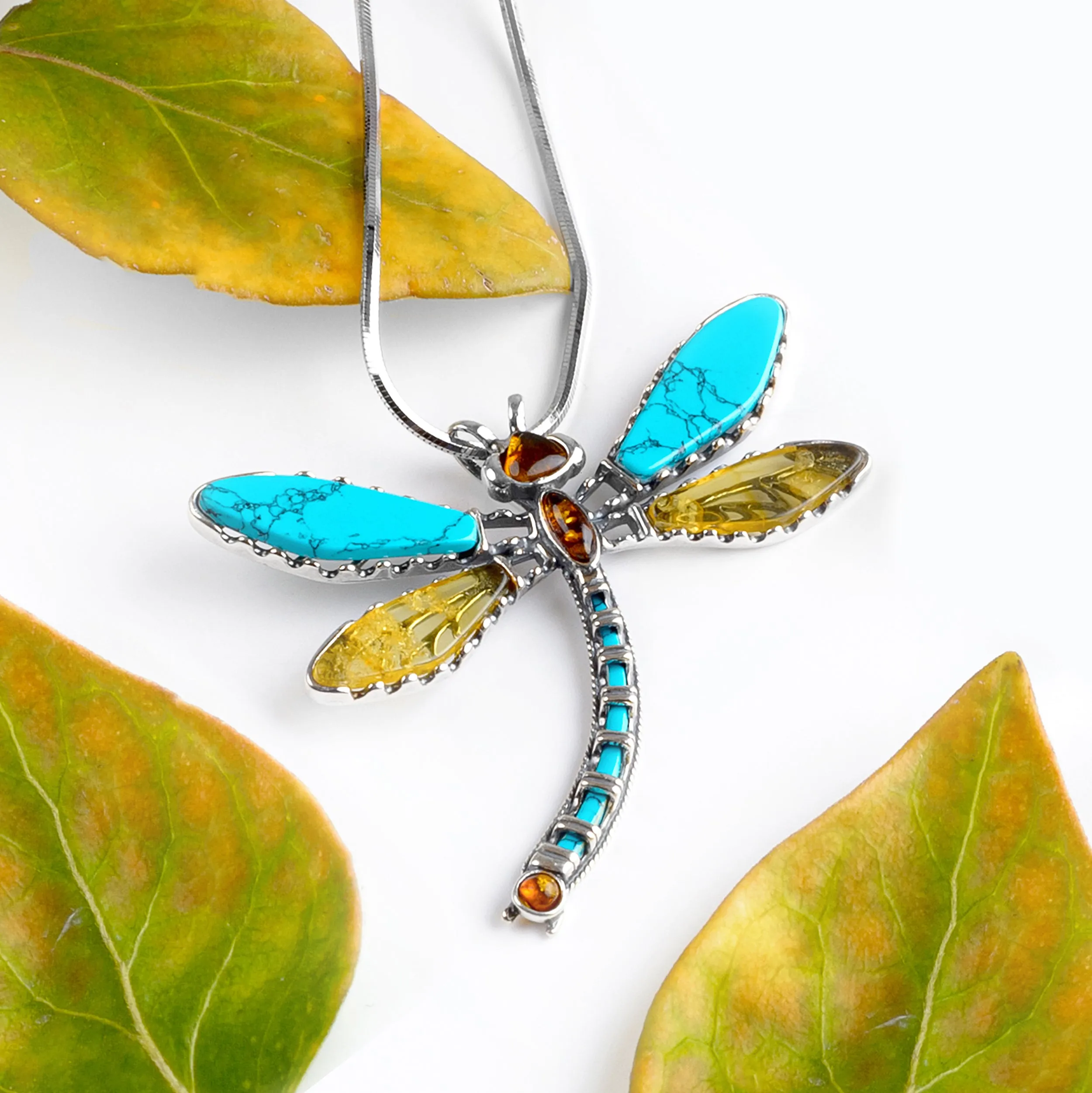 Exotic Dragonfly Necklace in Silver, Turquoise and Amber sold by Henryka product image thumbnail 4