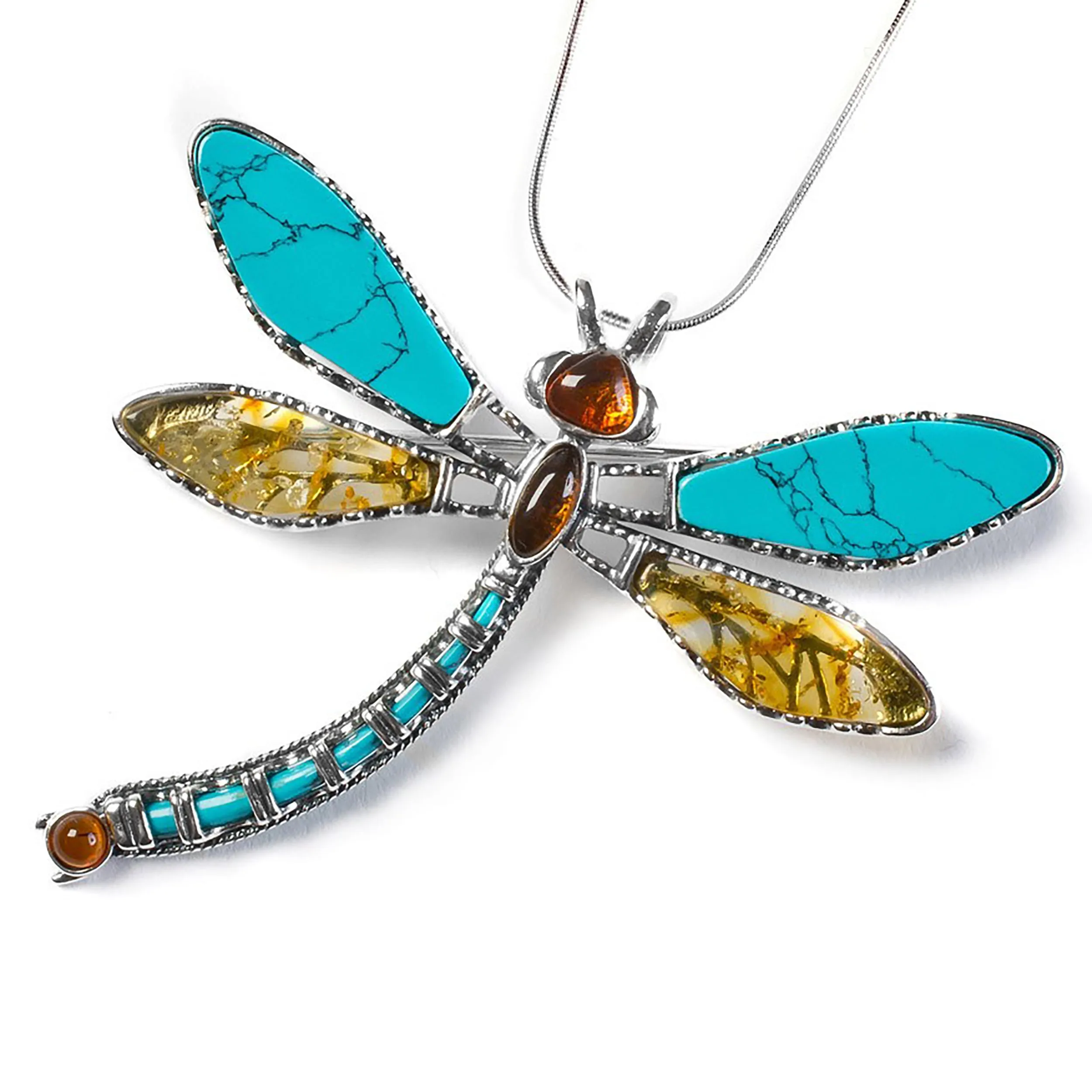 Exotic Dragonfly Necklace in Silver, Turquoise and Amber sold by Henryka