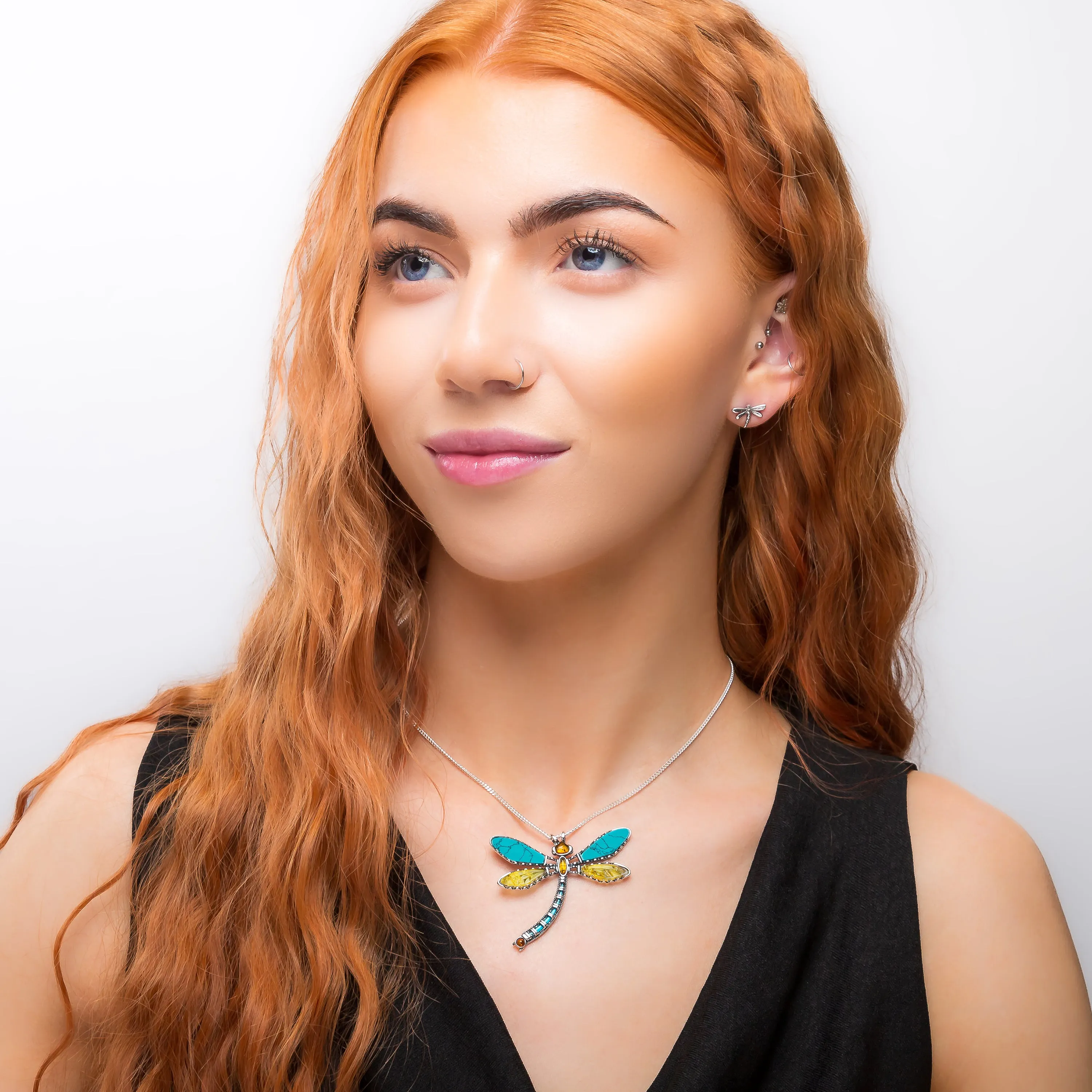 Exotic Dragonfly Necklace in Silver, Turquoise and Amber sold by Henryka product image thumbnail 3
