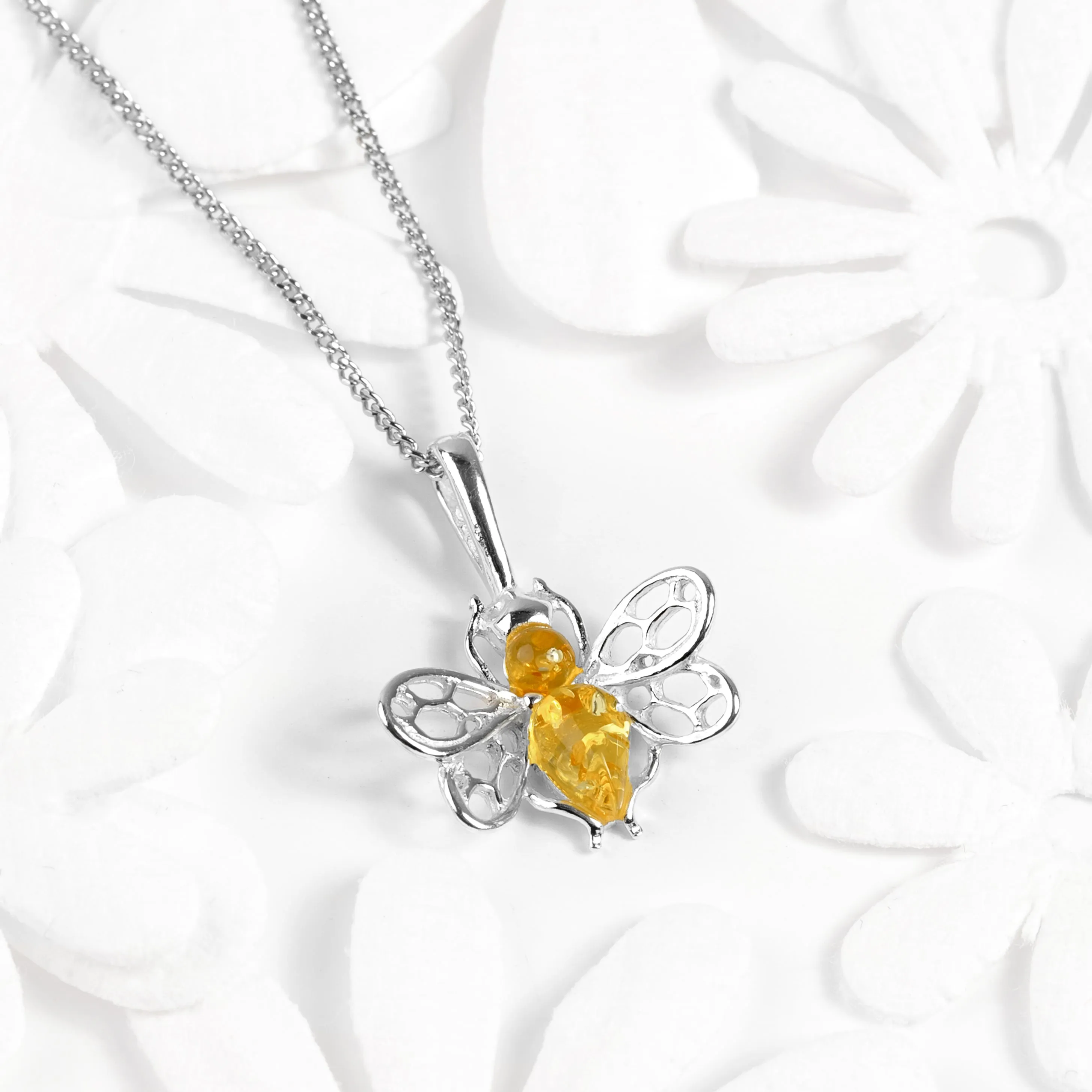 Tiny Honey Bee Necklace in Silver and Yellow Amber sold by Henryka product image thumbnail 4