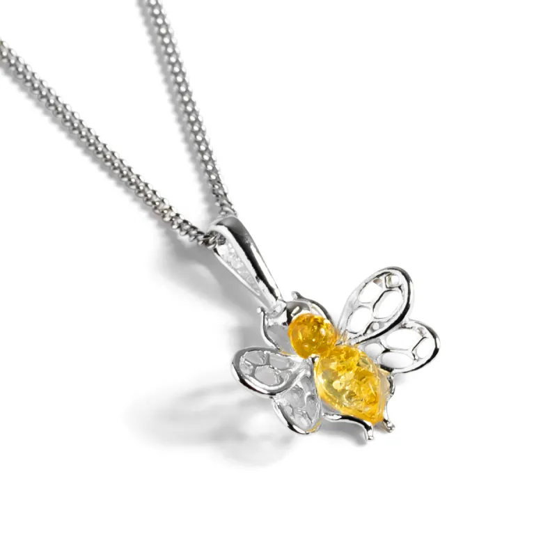 Tiny Honey Bee Necklace in Silver and Yellow Amber sold by Henryka