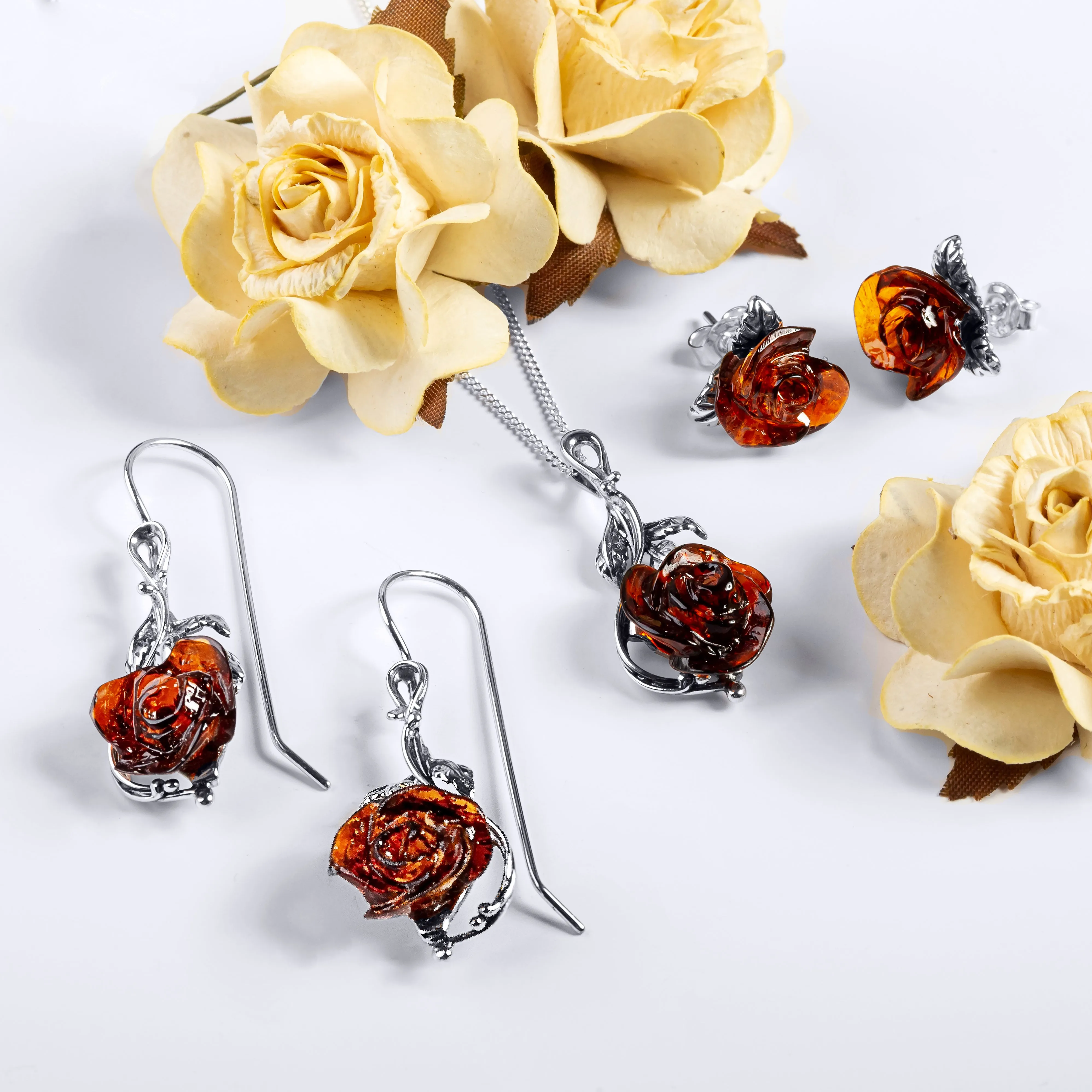 Single Stem Rose Drop Earrings in Silver and Amber sold by Henryka product image thumbnail 5