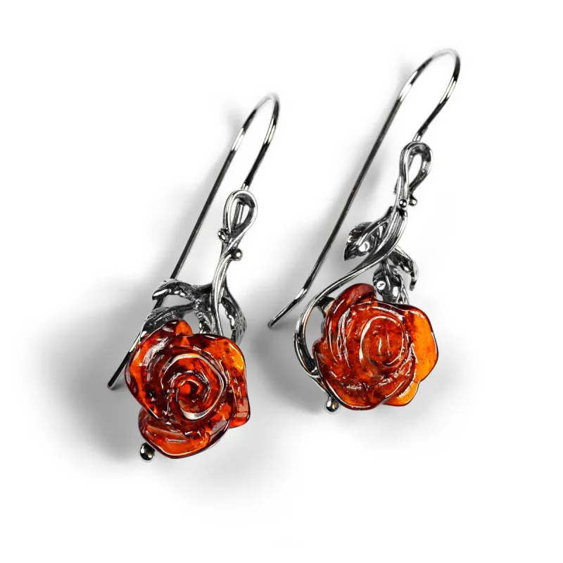Single Stem Rose Drop Earrings in Silver and Amber sold by Henryka