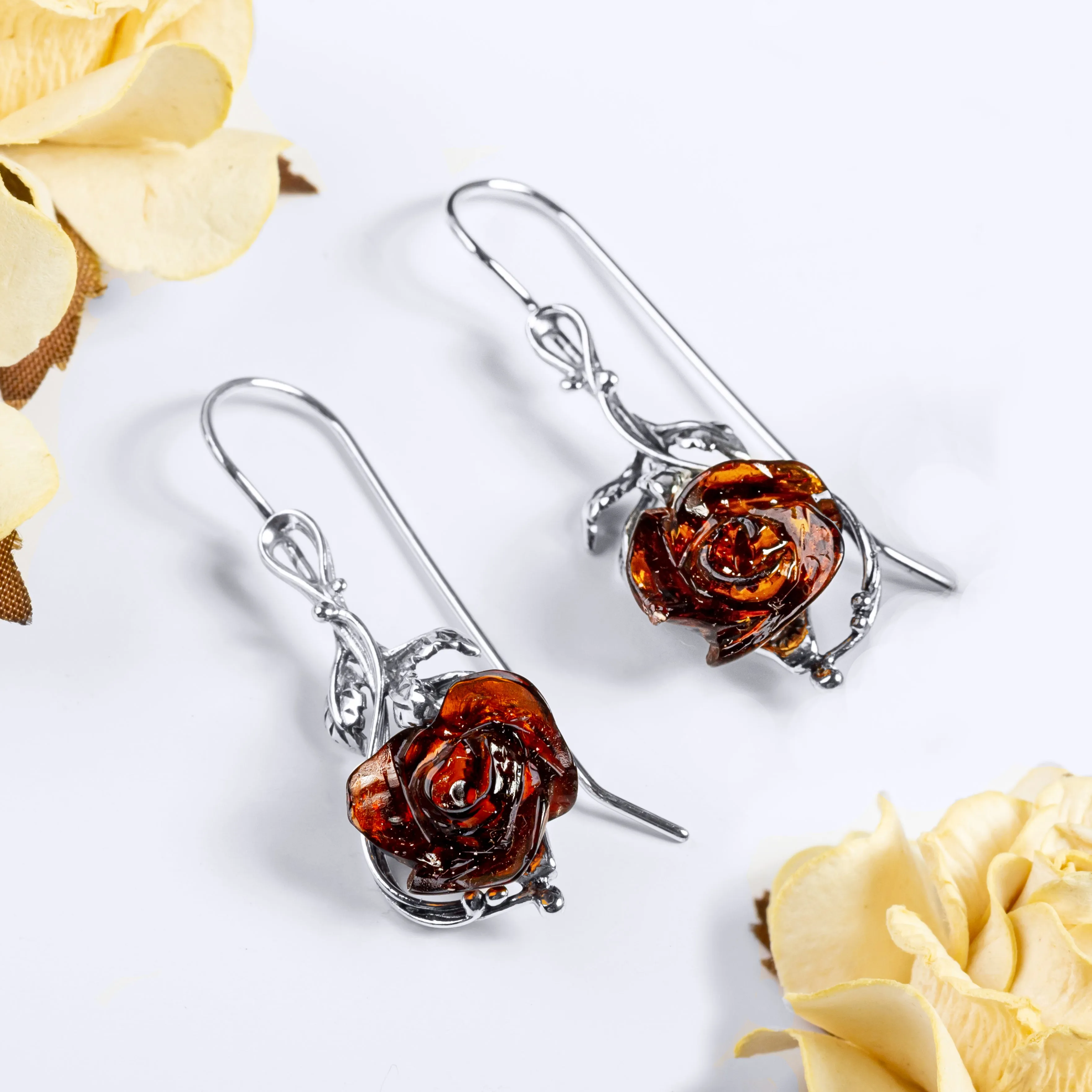 Single Stem Rose Drop Earrings in Silver and Amber sold by Henryka product image thumbnail 4