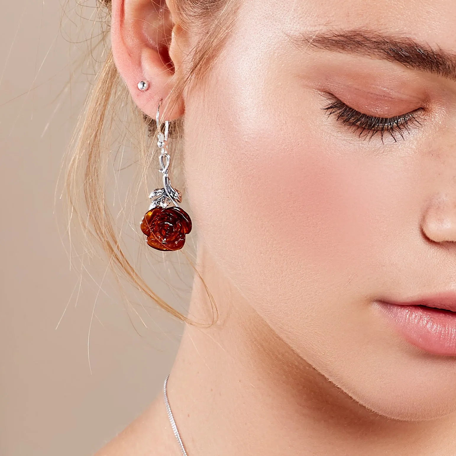 Single Stem Rose Drop Earrings in Silver and Amber sold by Henryka product image thumbnail 2
