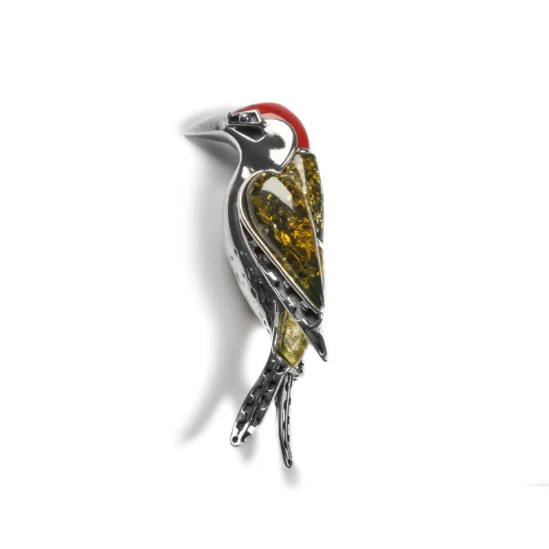 Small Green Woodpecker Bird Brooch in Silver, Coral and Amber sold by Henryka