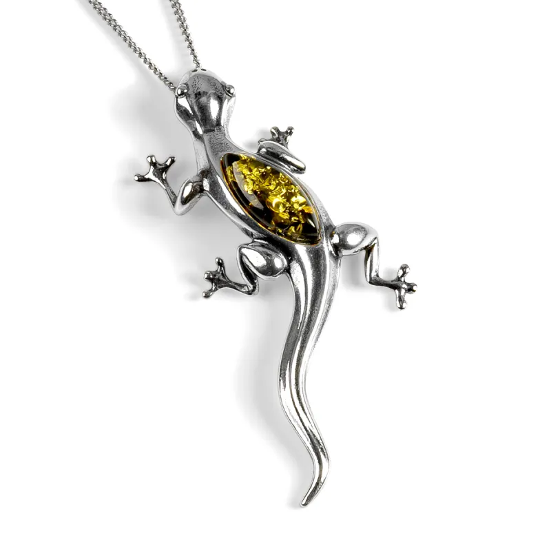 Large Lizard Gecko Necklace in Silver and Green Amber sold by Henryka