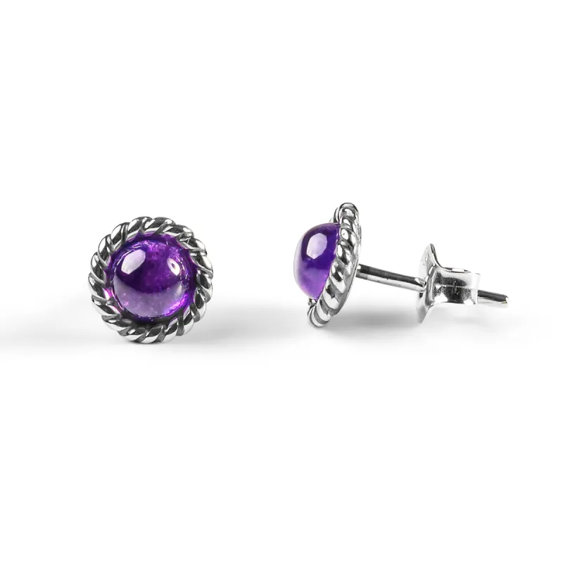 Rope Edge Stud Earrings in Silver and Amethyst sold by Henryka