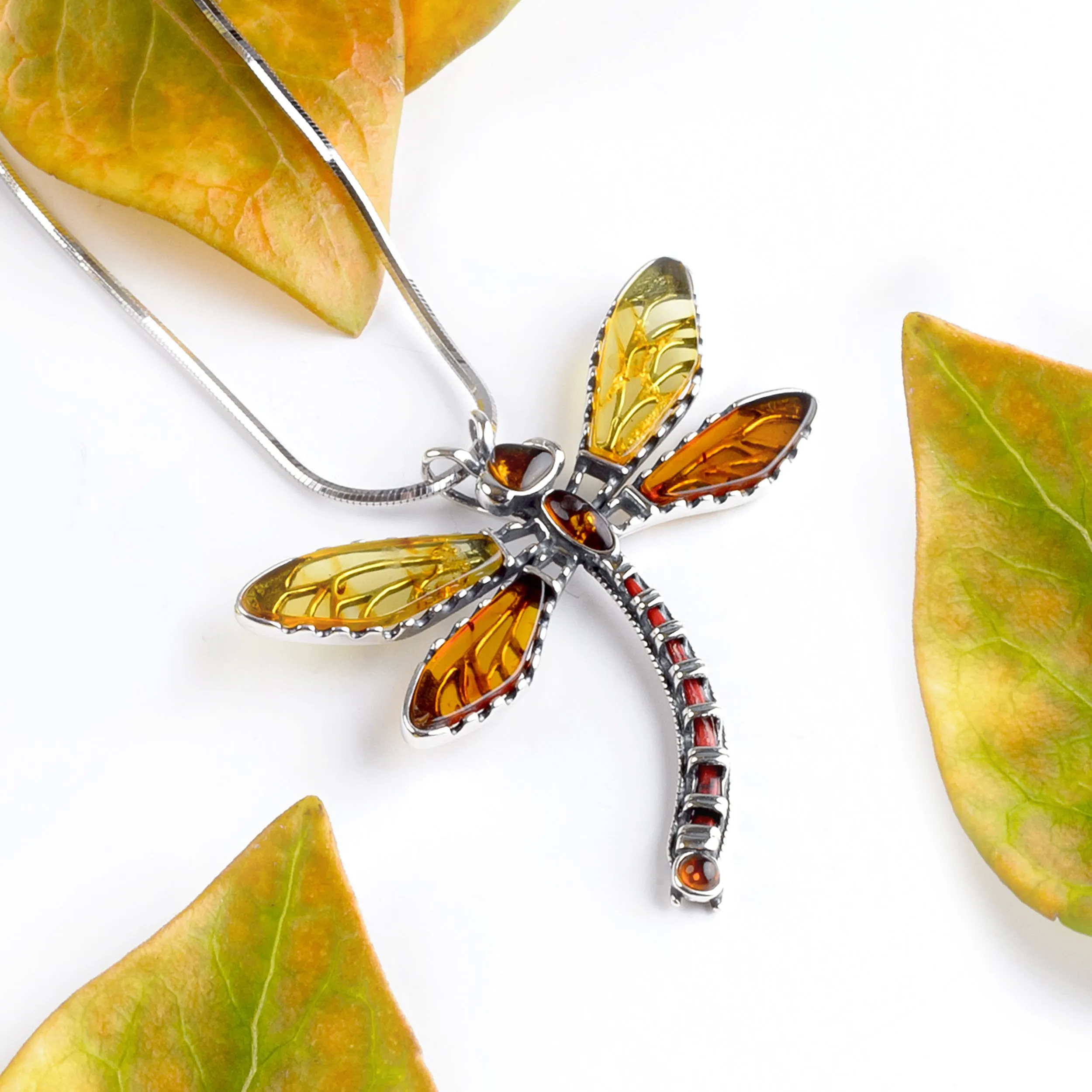 Exotic Dragonfly Necklace in Silver and Amber sold by Henryka product image thumbnail 4