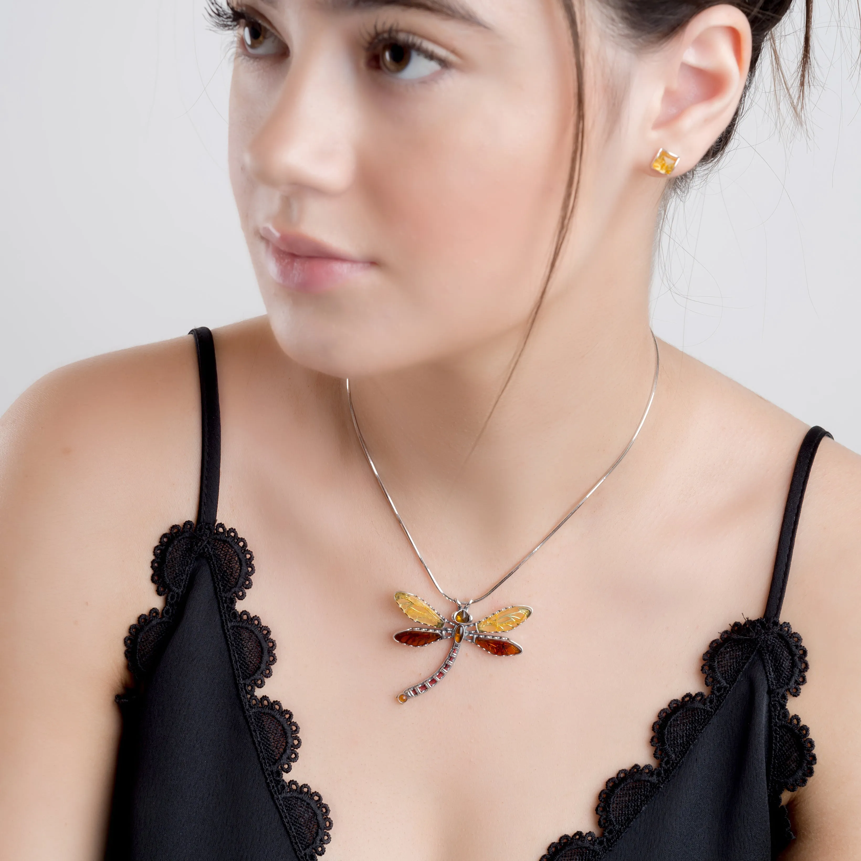 Exotic Dragonfly Necklace in Silver and Amber sold by Henryka product image thumbnail 3