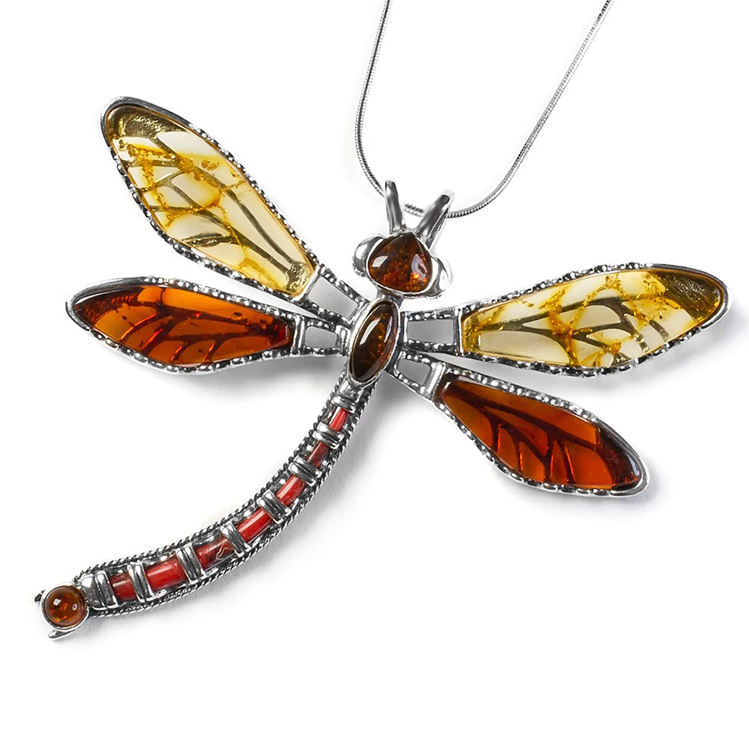 Exotic Dragonfly Necklace in Silver and Amber sold by Henryka