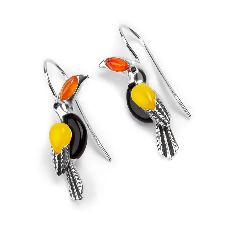 Toucan Bird Hook Earrings in Silver with Carnelian, Yellow Onyx & Black Onyx sold by Henryka