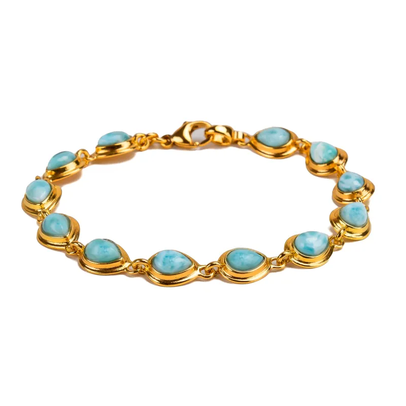 Classic Teardrop Link Bracelet in Silver with 24ct Gold and Larimar sold by Henryka