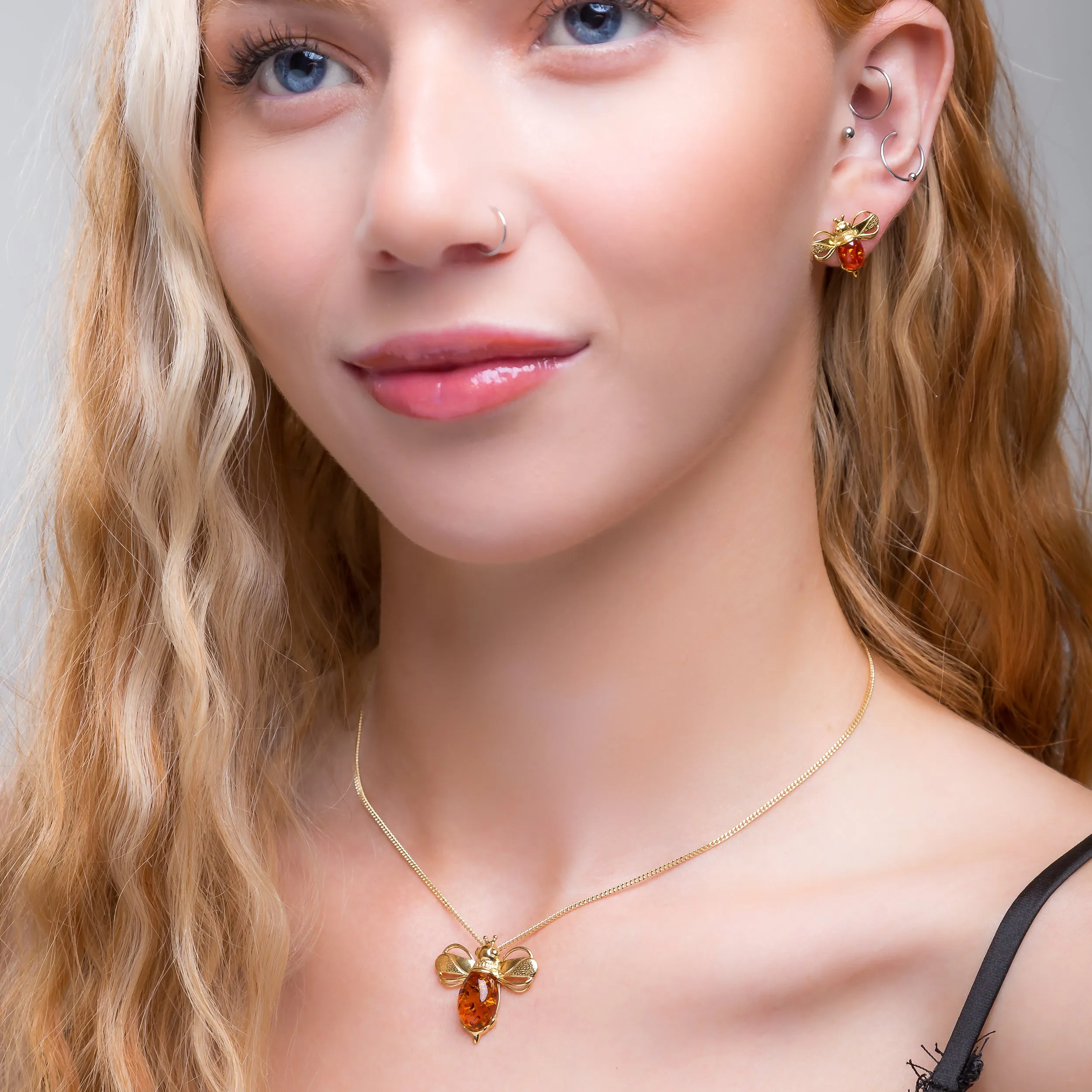 Large Bumble Bee Necklace in Silver with 24ct Gold & Amber sold by Henryka product image thumbnail 3