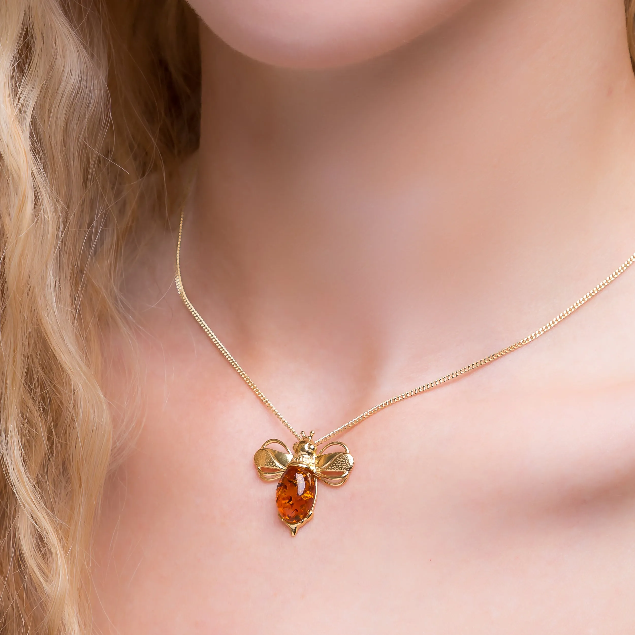 Large Bumble Bee Necklace in Silver with 24ct Gold & Amber sold by Henryka product image thumbnail 2