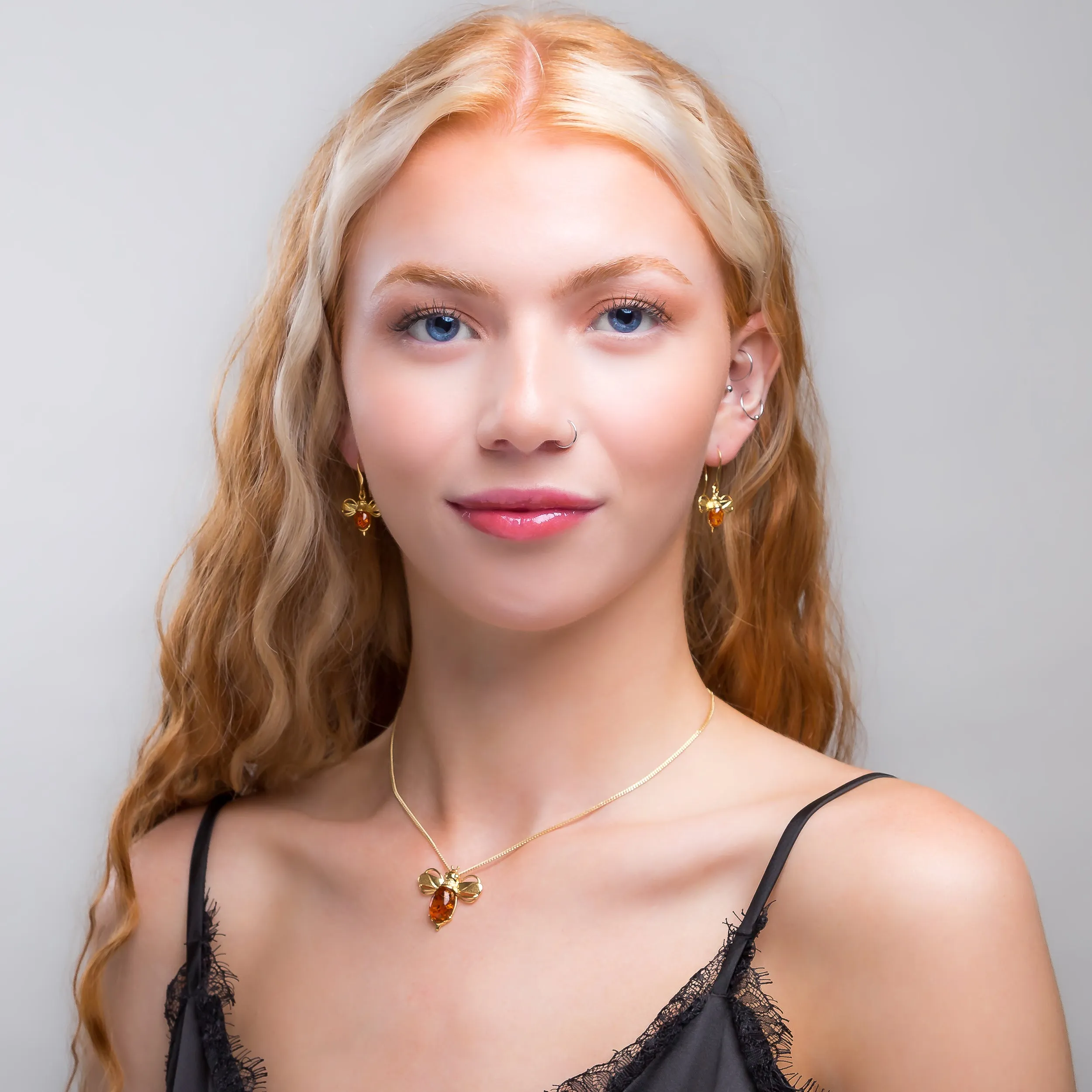 Large Bumble Bee Necklace in Silver with 24ct Gold & Amber sold by Henryka product image thumbnail 4