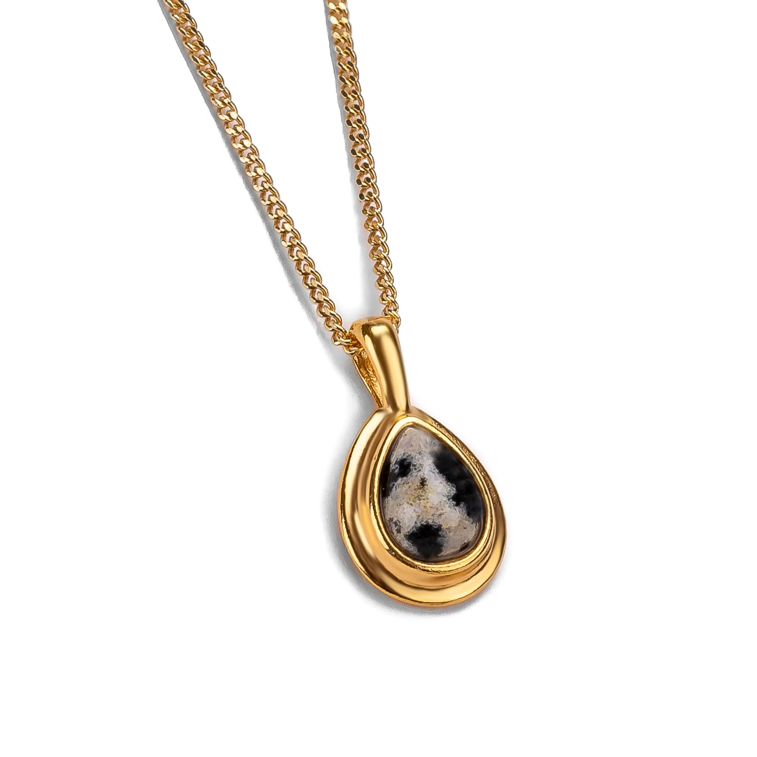 Classic Teardrop Necklace in Silver with 24ct Gold & Dalmatian Jasper sold by Henryka